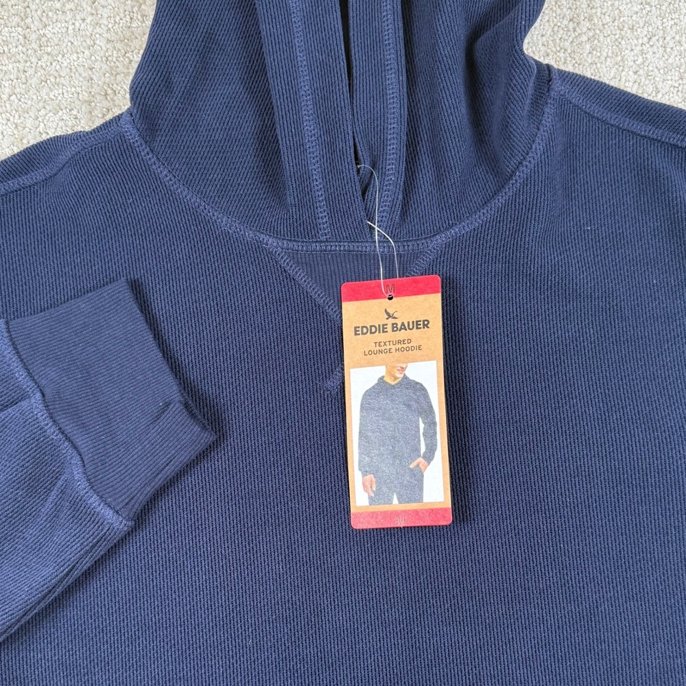 NEW Eddie Bauer Mens Medium Blue Textured Waffle Knit Lounge Hoodie Pullover
